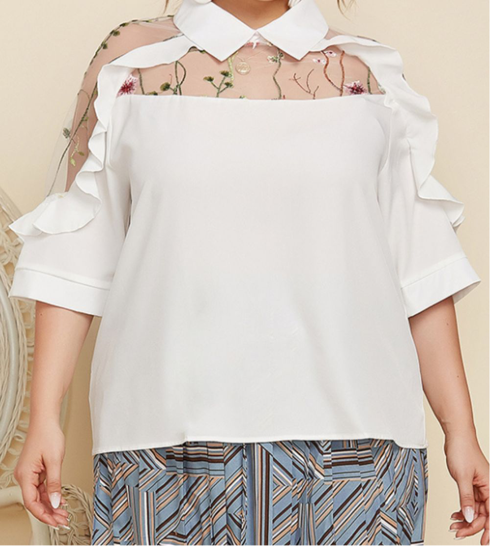 Plus Size Embroidered Ruffle Trim Collared Half Sleeve Blouse