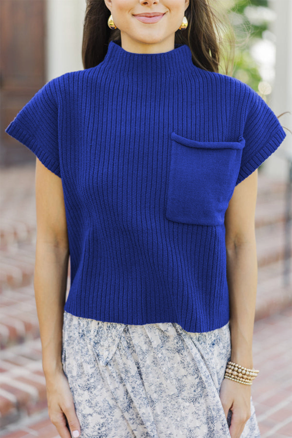 Oatmeal Patch Pocket Ribbed Knit Short Sleeve Sweater