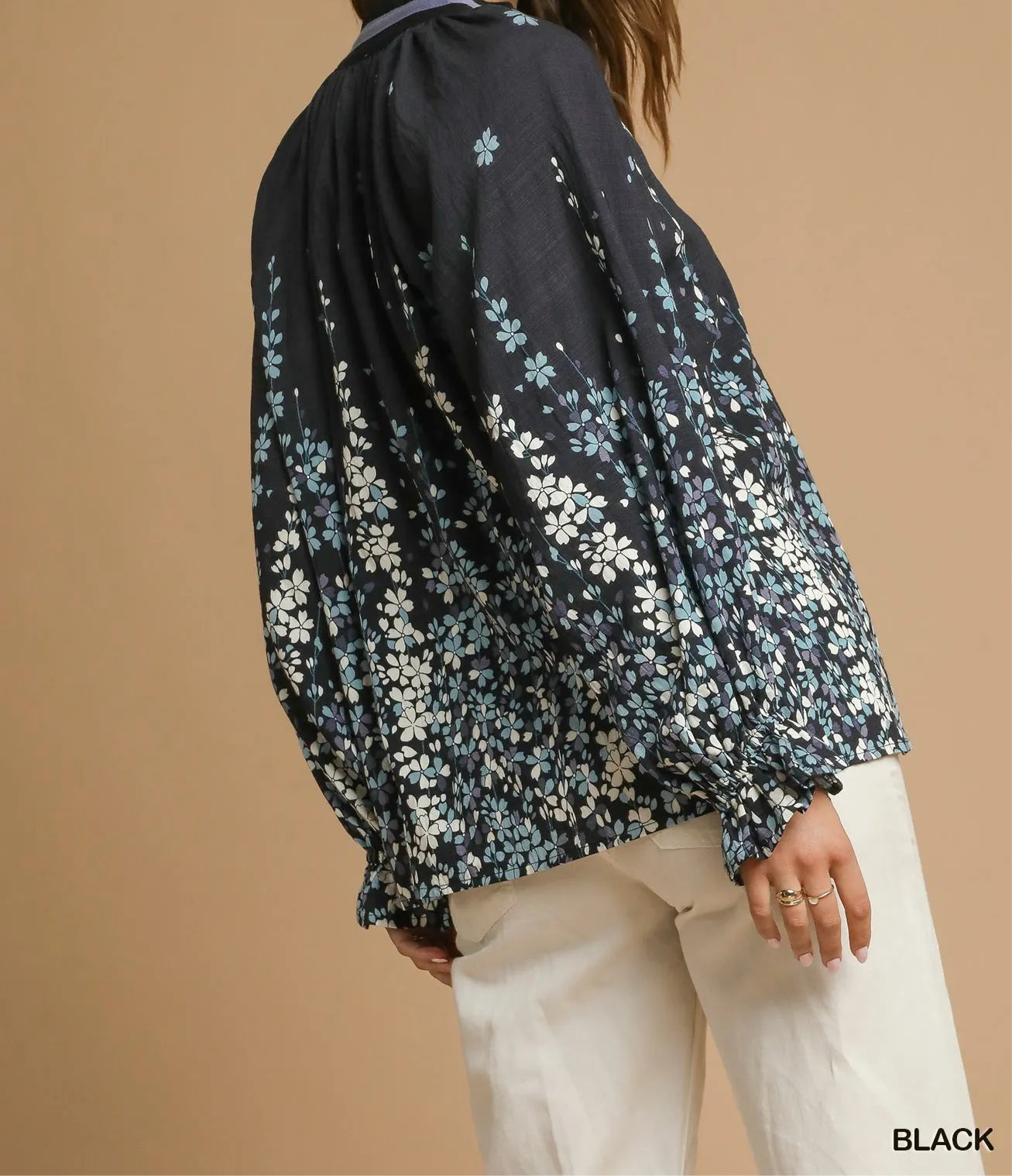 Umgee Full Size Floral Vine Print Blouse with Balloon Sleeves Plus Size