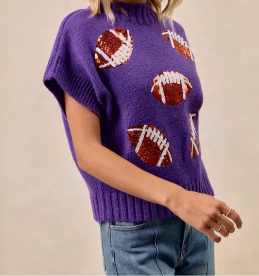BiBi Gameday Sequin Football Patches Rib Banded Sweater