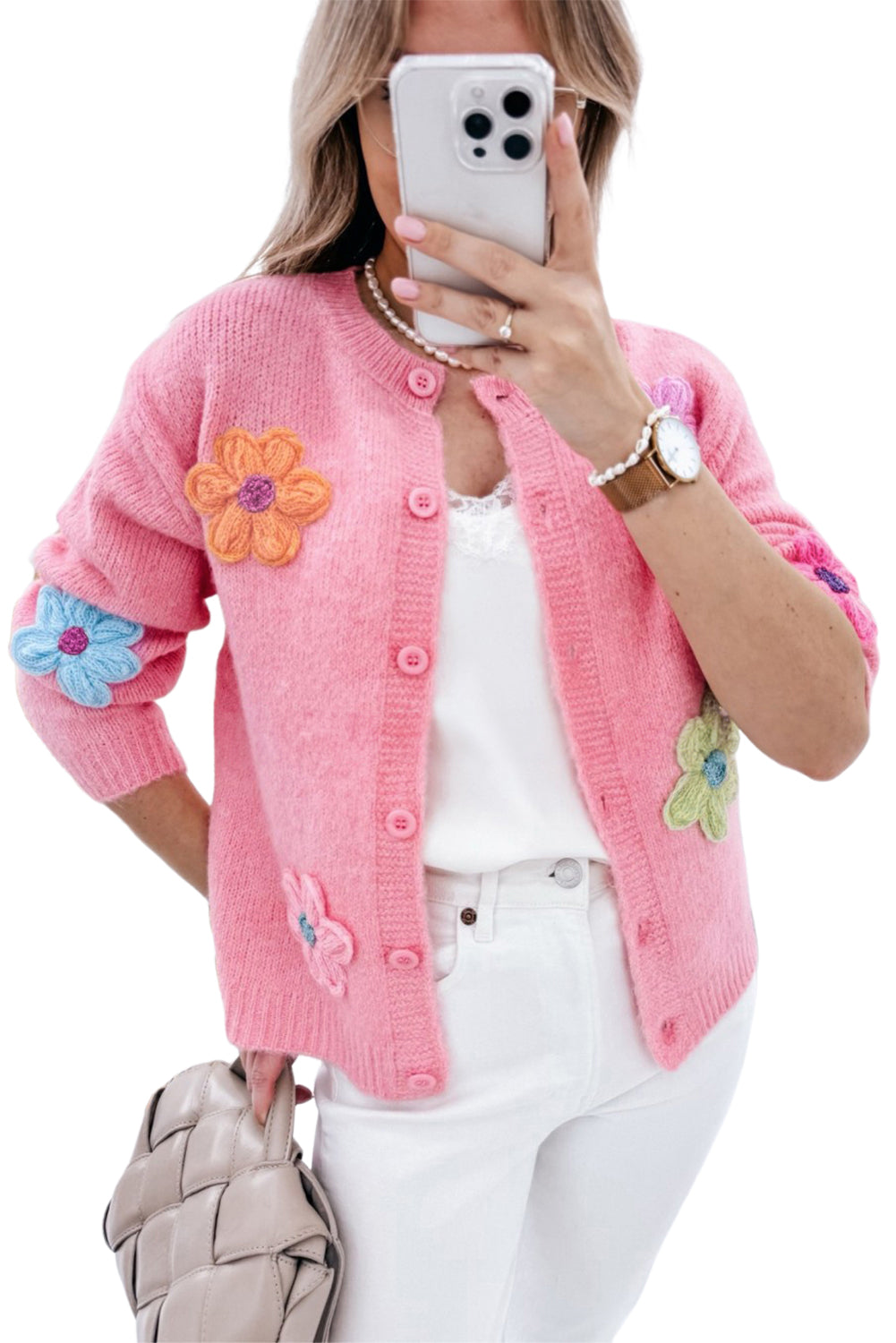 Pink Cute Flower Pattern Button-Up Cardigan