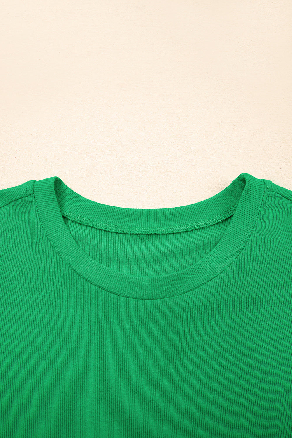 Bright Green Pearl Beaded Puff Sleeve Ribbed Top Shewin