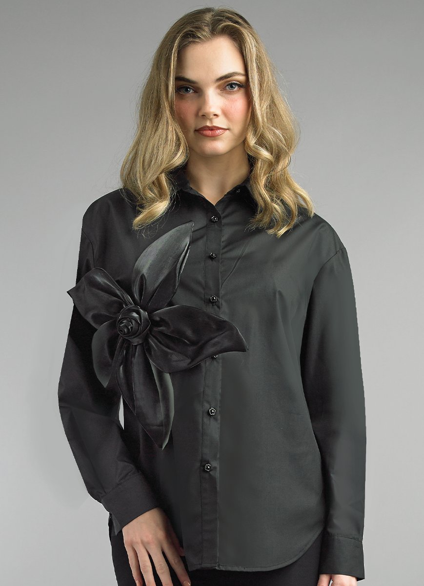 Cotton Blend Blouse w/ 3d Front Flower Design S108 LILY&TAYLOR