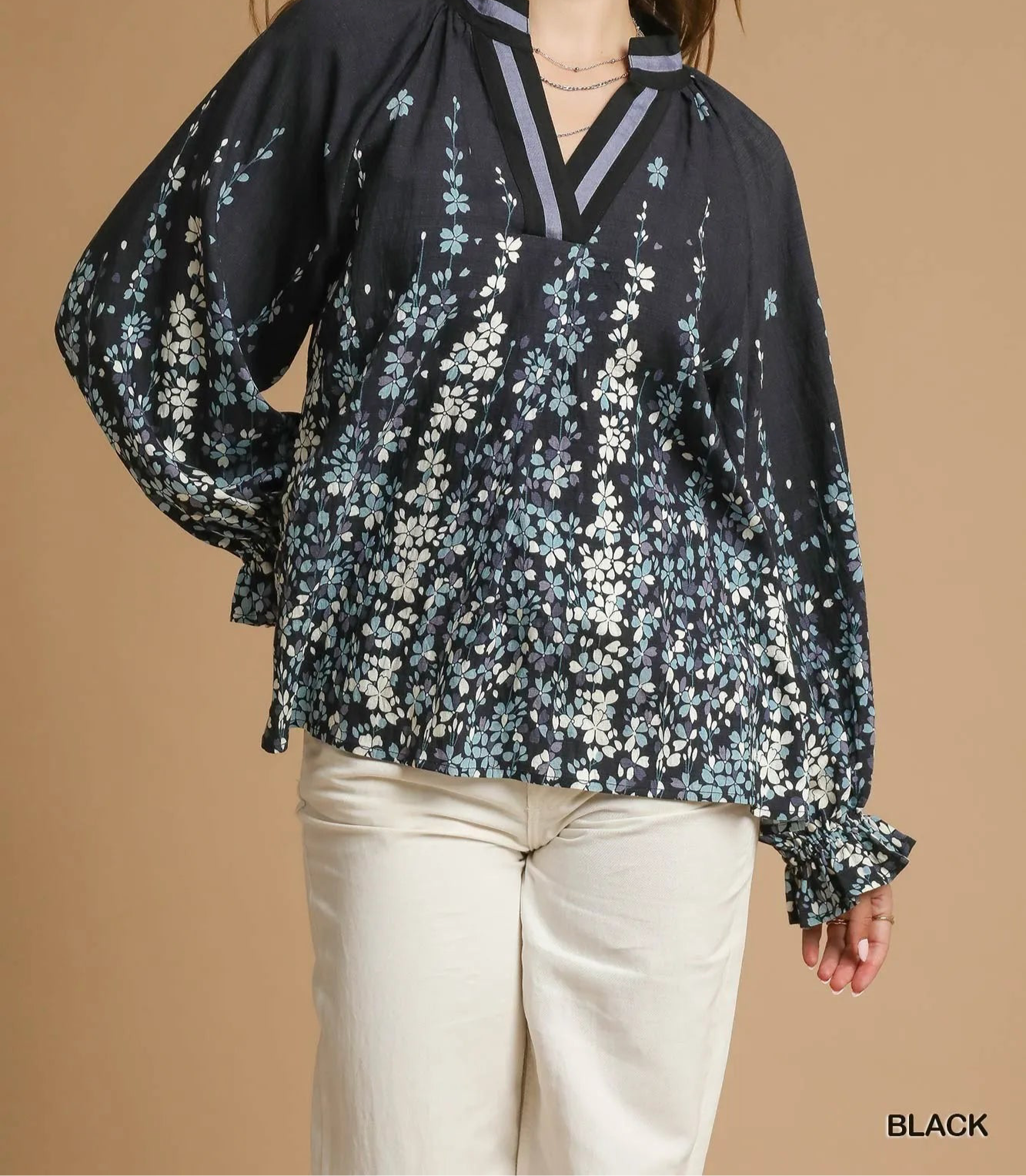 Umgee Full Size Floral Vine Print Blouse with Balloon Sleeves Plus Size