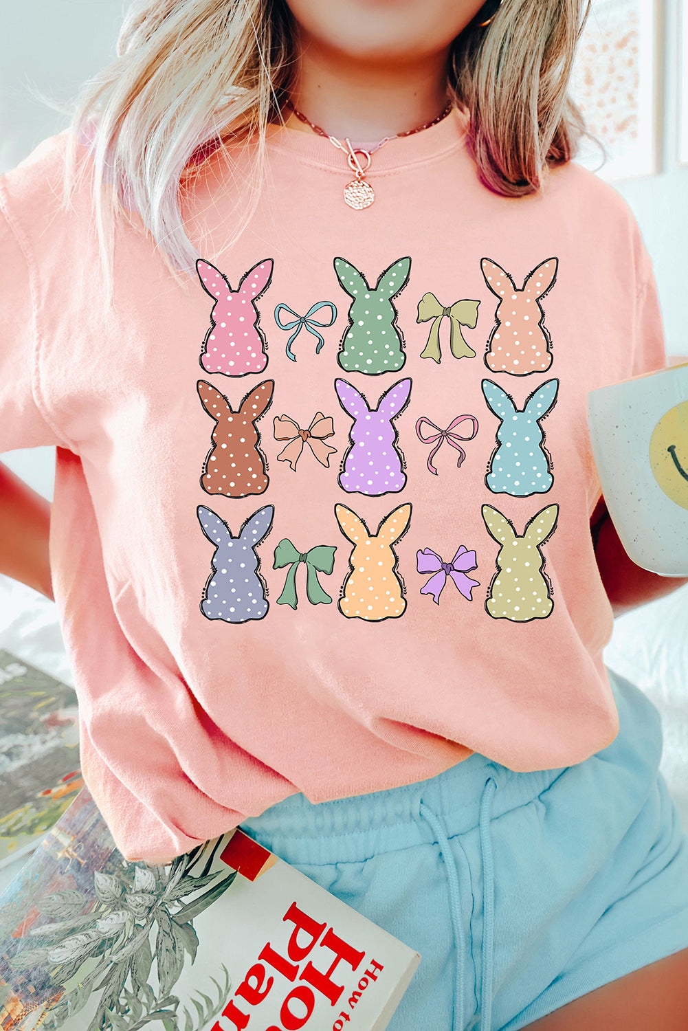 Pink Dotty Bunny Bow Printed Easter Day Fashion T Shirt