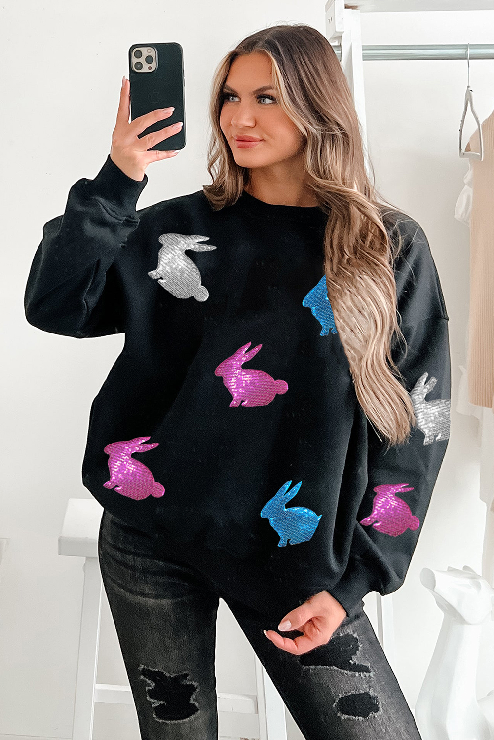 Black Easter Bunny Sequin Patched Drop Shoulder Sweatshirt