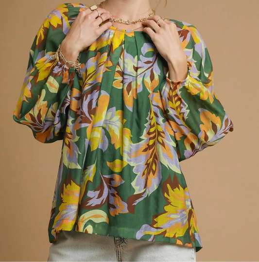 Umgee Mix Abstract Print Balloon Sleeve Blouse