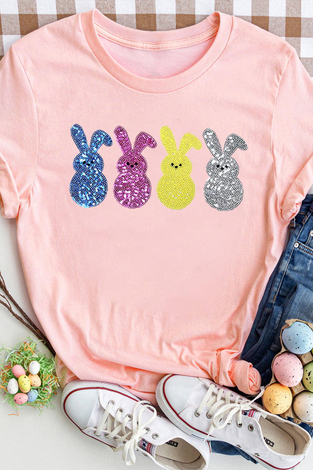 Pink Sequin Cute Bunny Graphic Easter Fashion Tee