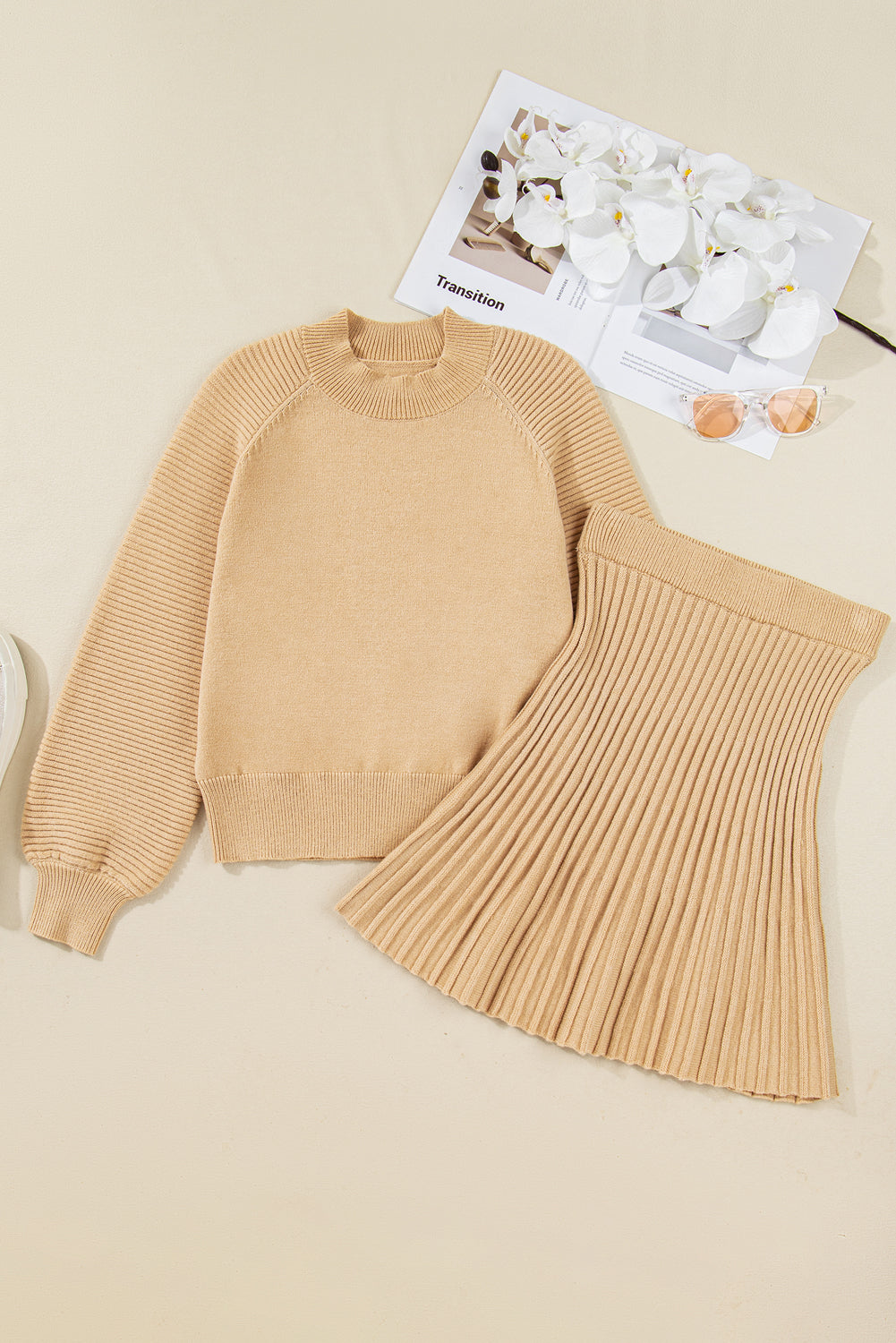 Black High Neck Puff Sleeve Sweater Pleated Mini Skirt 2pcs Knitted Outfit