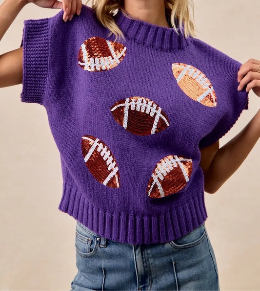 BiBi Gameday Sequin Football Patches Rib Banded Sweater