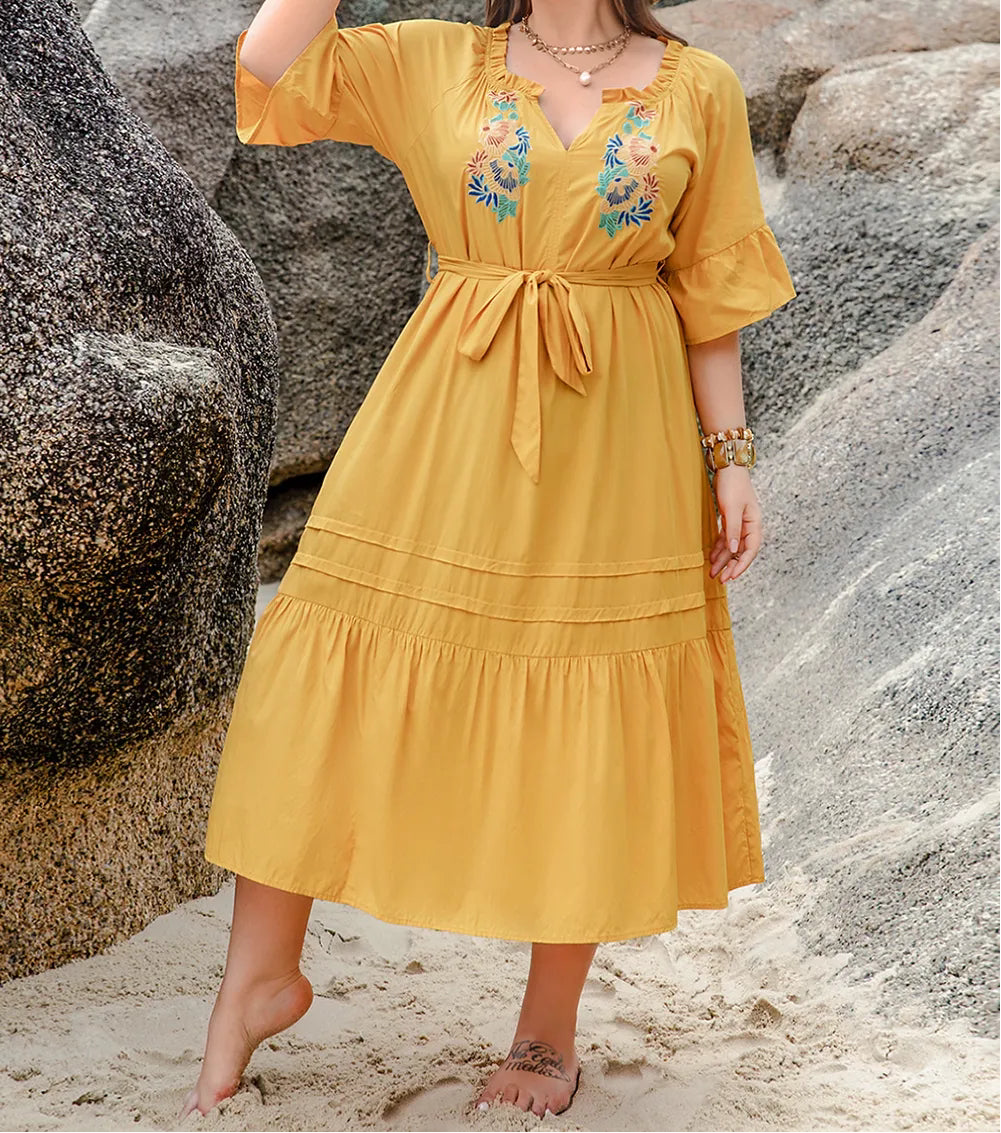 Plus Size Notched Tie Waist Half Sleeve Midi Dress