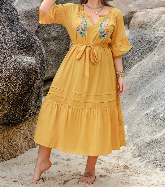 Plus Size Notched Tie Waist Half Sleeve Midi Dress