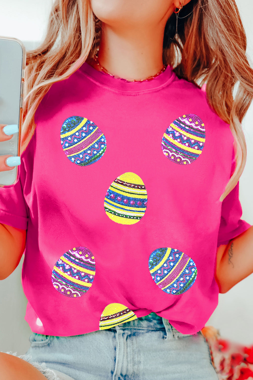 Rose Red Sequin Easter Egg Graphic Casual T Shirt