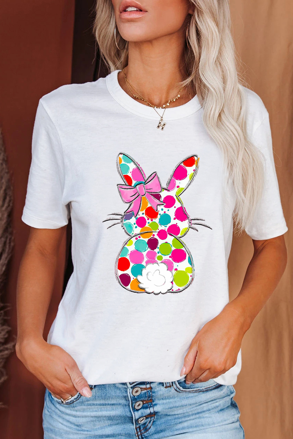 White Polka Dot Bow Rabbit Graphic Crewneck Easter Fashion Tee