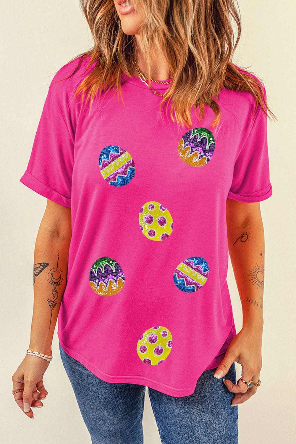 Rose Red Easter Eggs Patched Crew Neck Graphic Tee