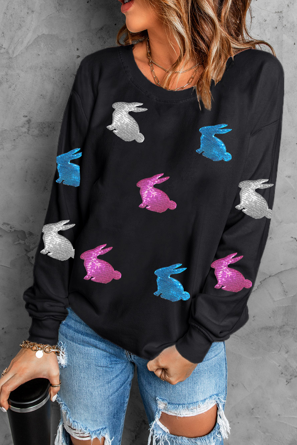 Black Easter Bunny Sequin Patched Drop Shoulder Sweatshirt