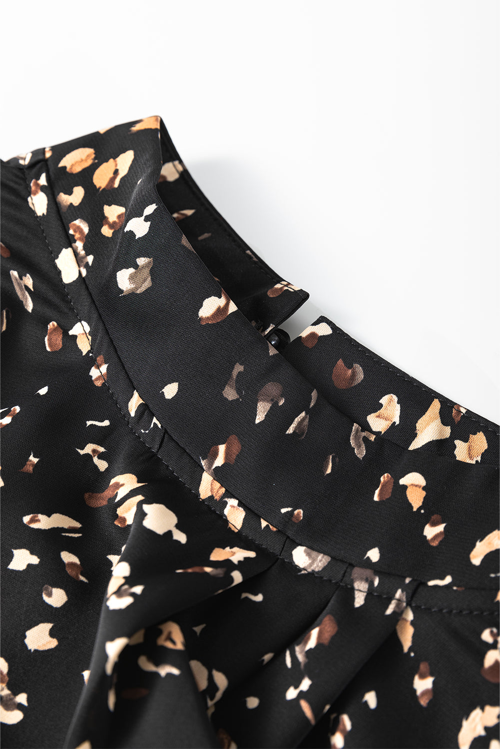 White Leopard Print Puff Sleeve Mock Neck Pleated Blouse