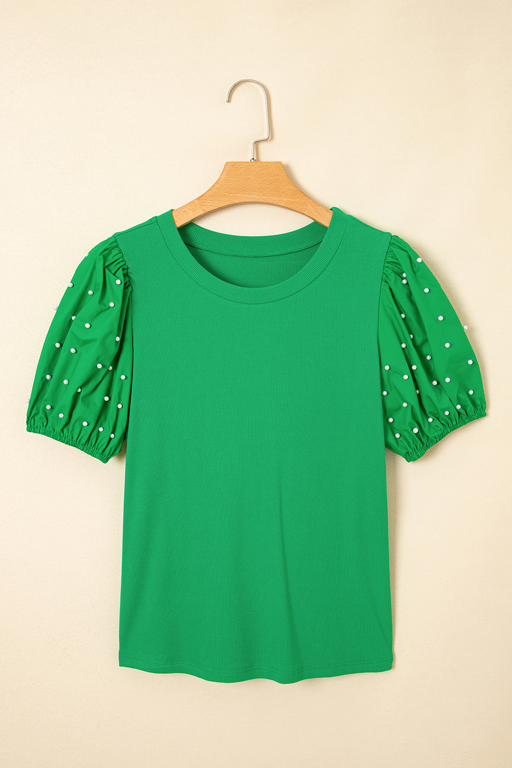 Bright Green Pearl Beaded Puff Sleeve Ribbed Top Shewin