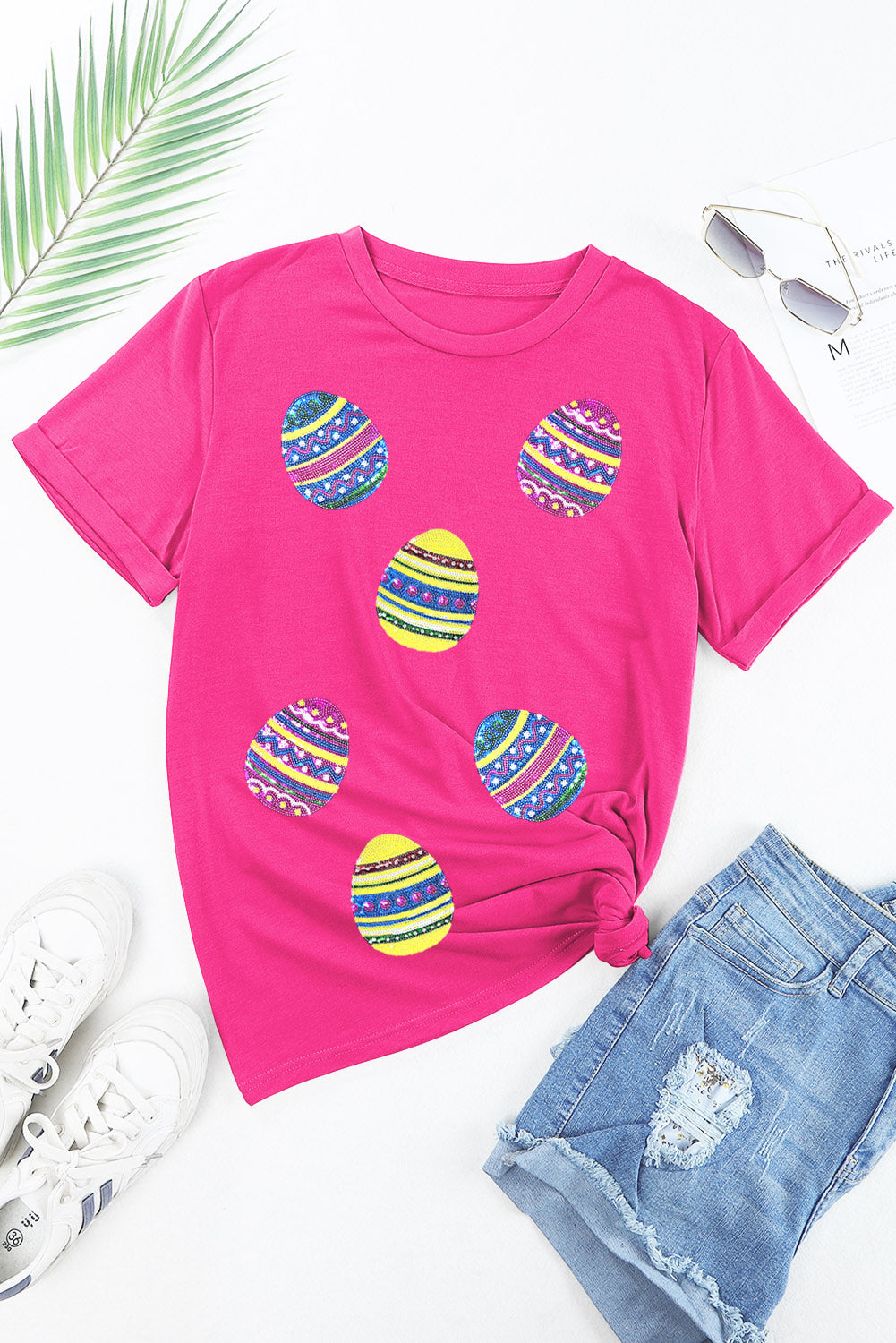 Rose Red Sequin Easter Egg Graphic Casual T Shirt