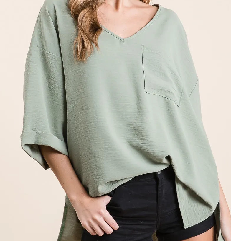 BiBi Flowy Woven V-Neck Top with Rolled Up Cuffs