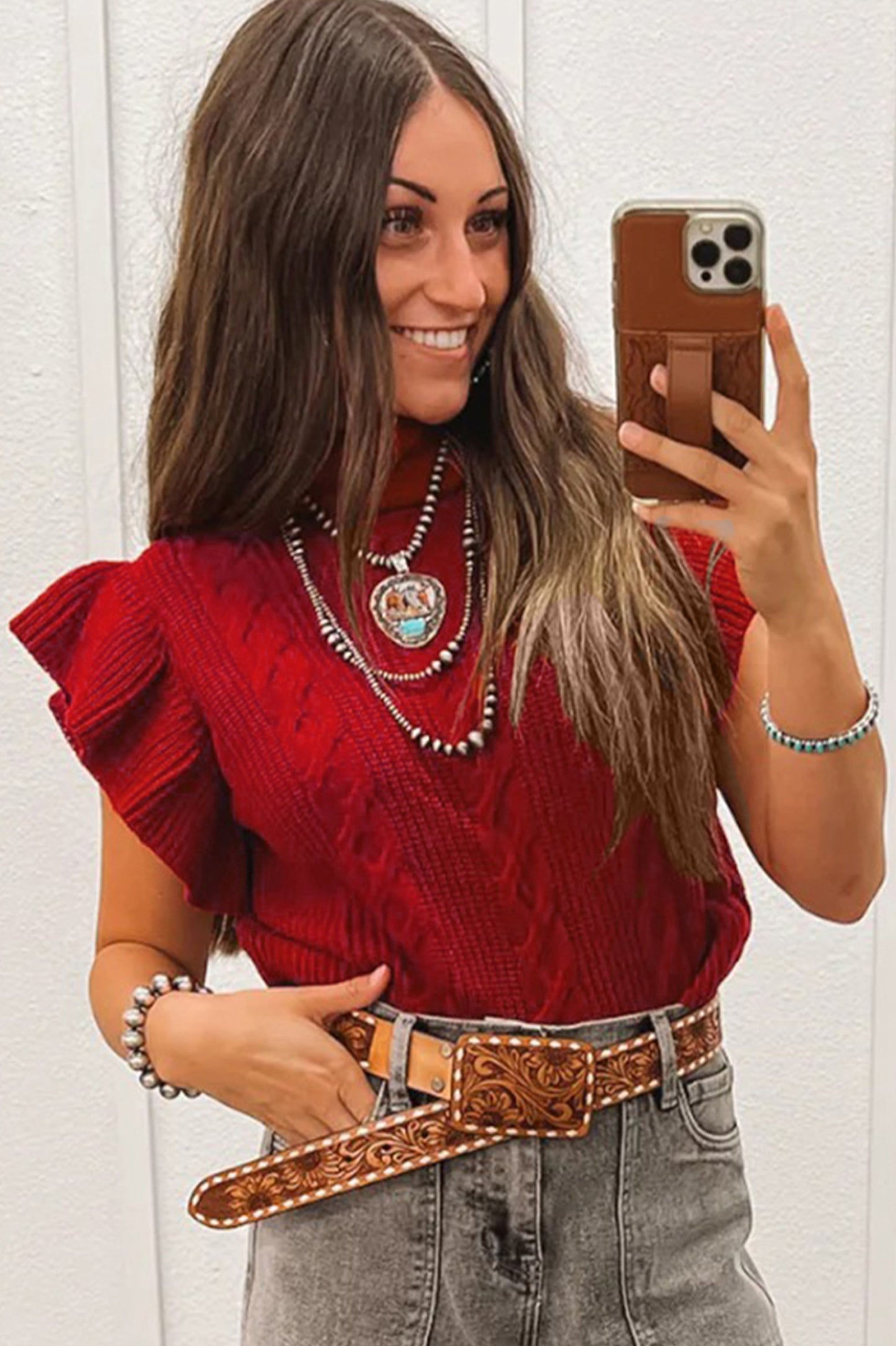 Tomato Red Cable Knit Turtleneck Ruffled Short Sleeve Sweater