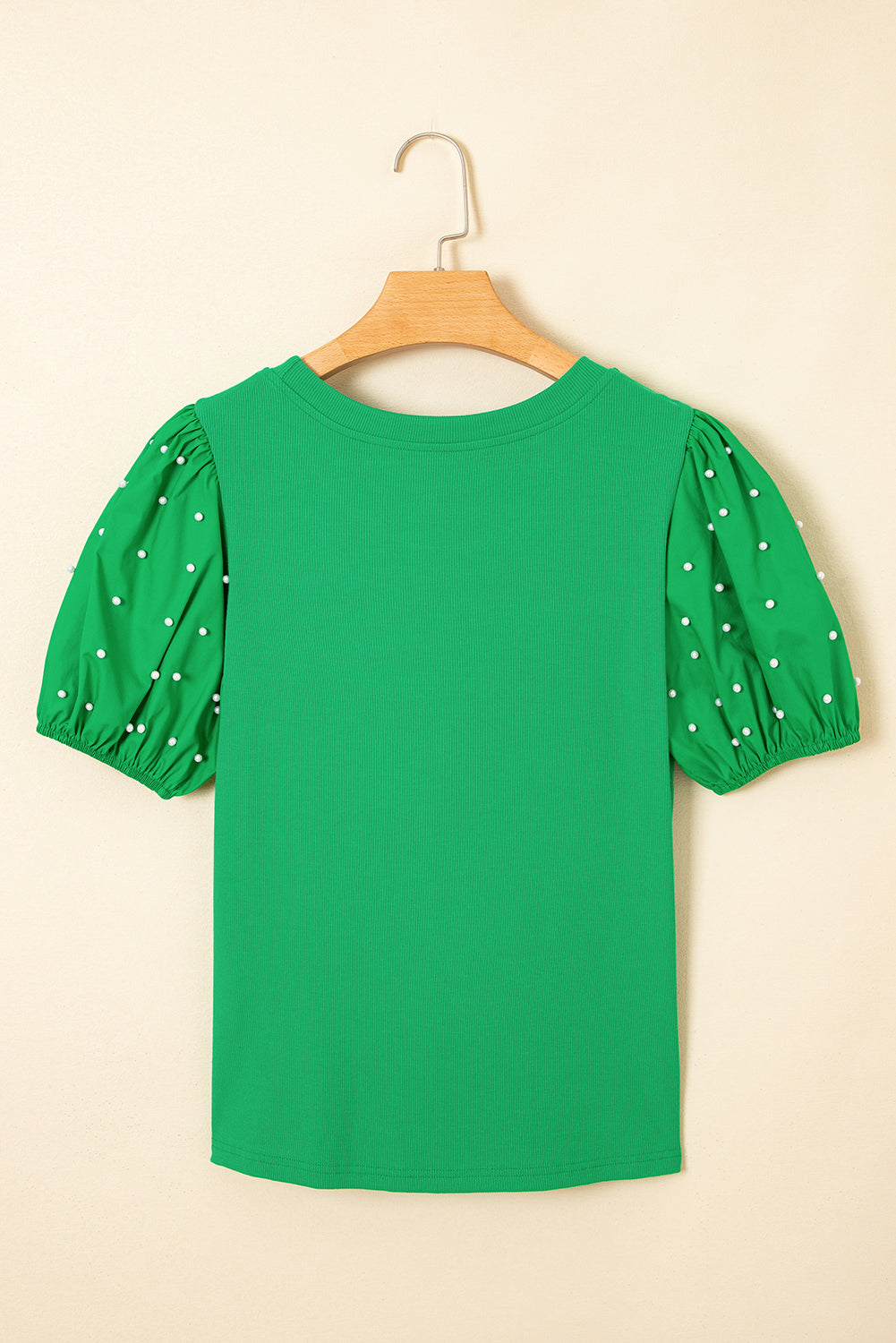 Bright Green Pearl Beaded Puff Sleeve Ribbed Top