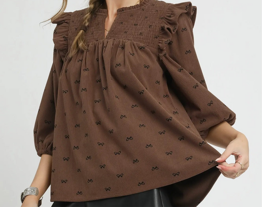 Umgee Bow Print Corduroy Puff Sleeve Blouse with Ruffled