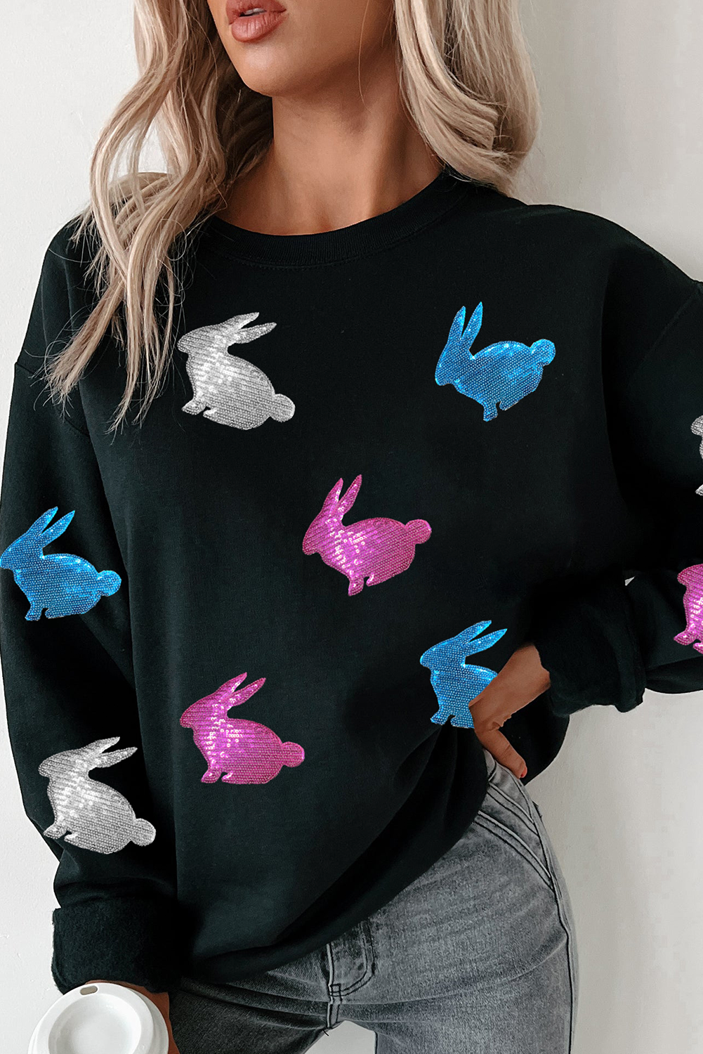 Black Easter Bunny Sequin Patched Drop Shoulder Sweatshirt