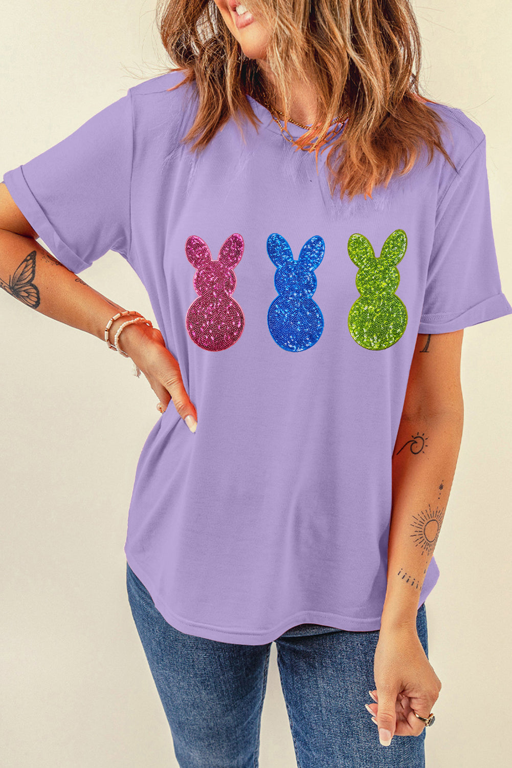 Wisteria Easter Shiny Bunny Graphic Crewneck T Shirt