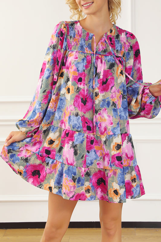 Multicolour Floral Tie Neck Bubble Sleeve Shift Dress