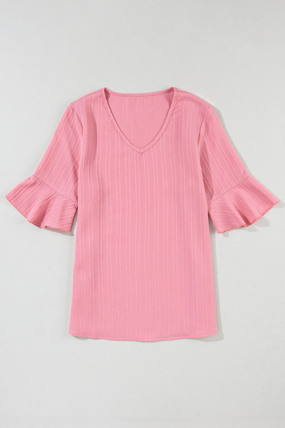 Peach Blossom Ruffled Half Sleeve V Neck Textured Top