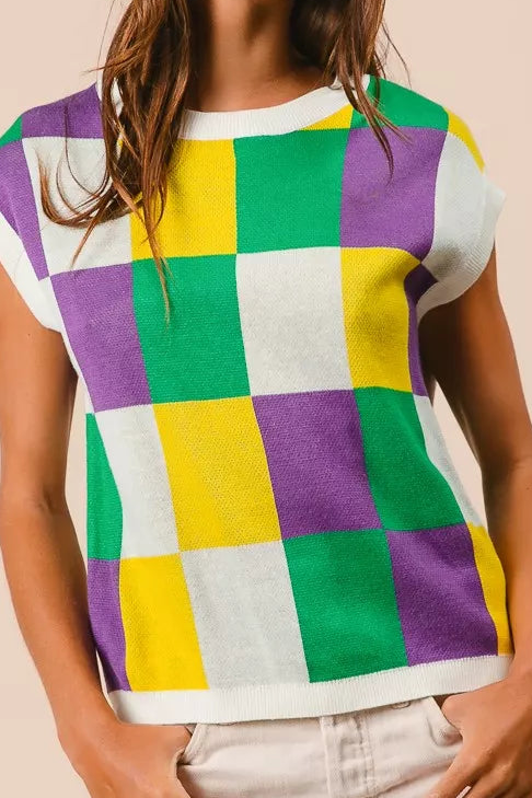 BiBi Mardi Gras Checker Pattern Sleeveless Sweater Top