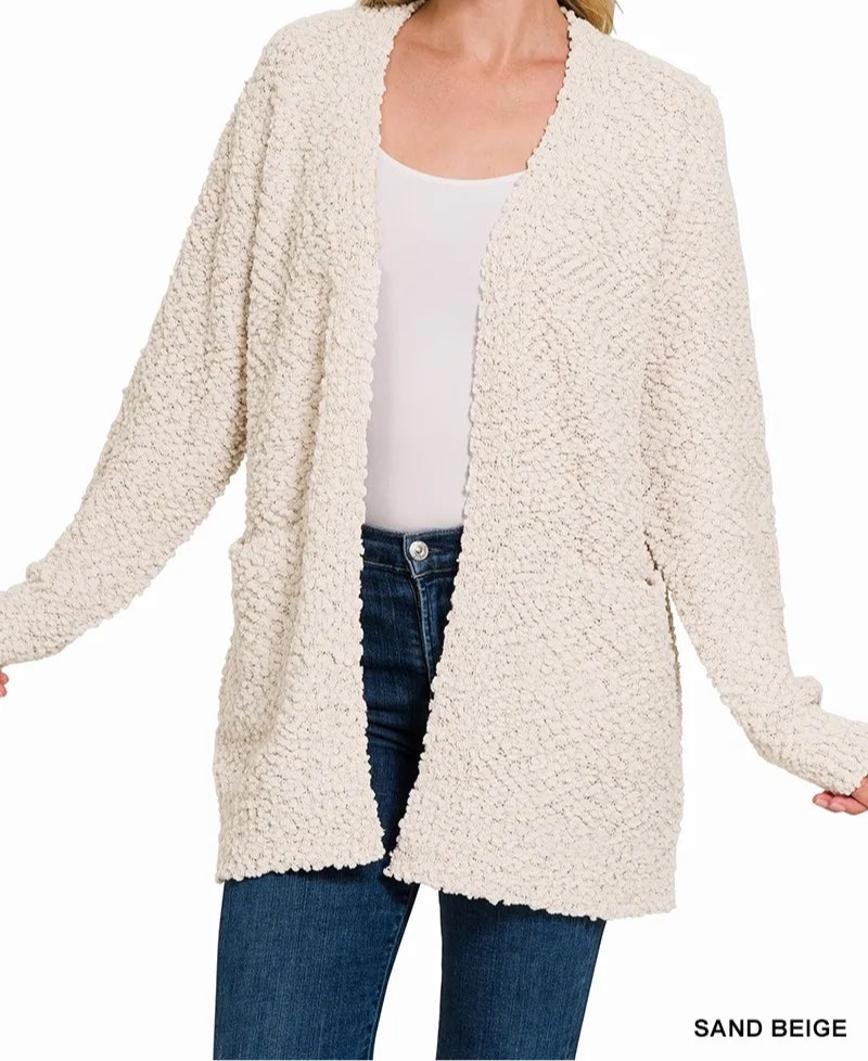 Zenana Long Sleeve Popcorn Sweater Cardigan with Pockets