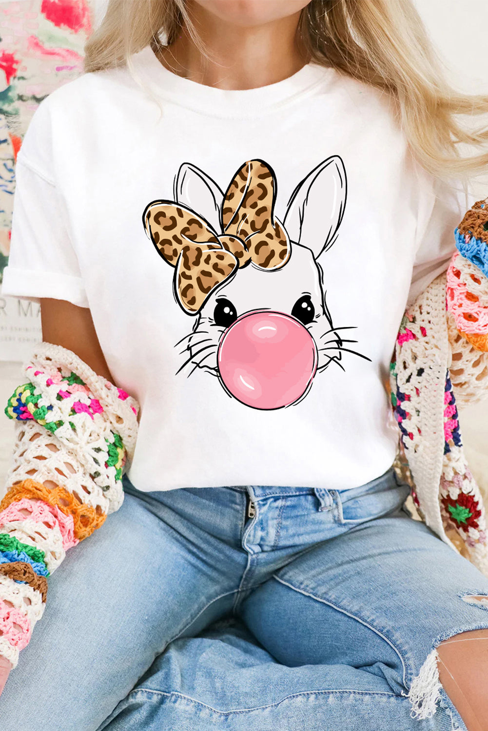 White Leopard Bow Bubble Rabbit Graphic Tee