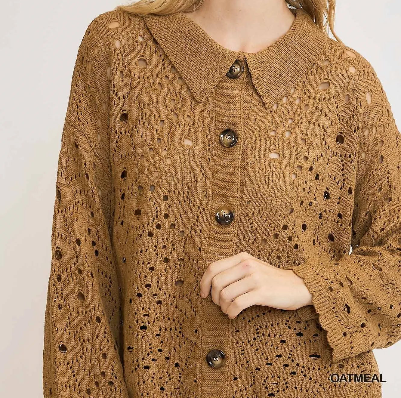Umgee Crochet Button Down Knit Cardigan