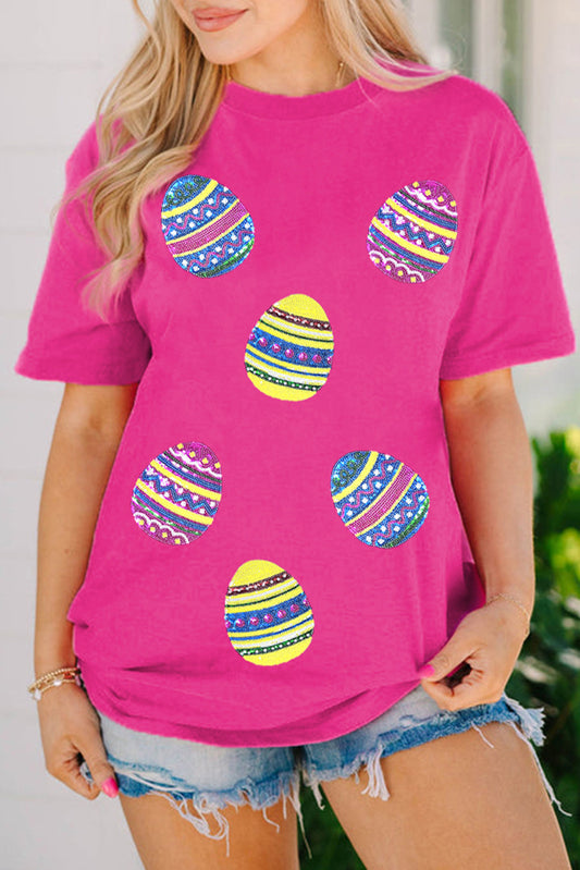 Rose Red Sequin Easter Egg Graphic Casual T Shirt