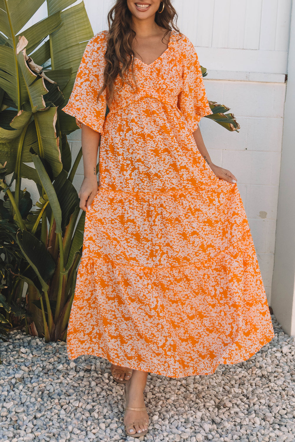 Orange Floral Print Smocked V Neck Wide Sleeve Maxi Dress