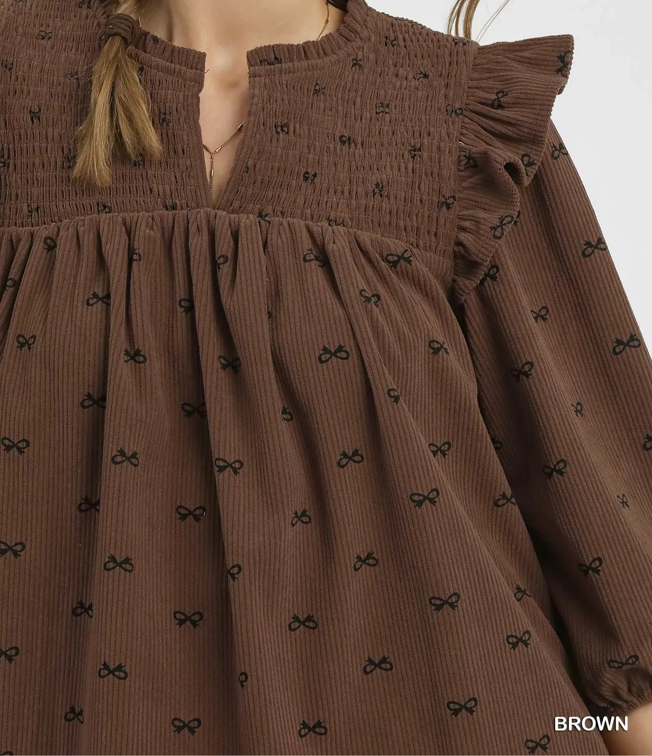 Umgee Bow Print Corduroy Puff Sleeve Blouse with Ruffled