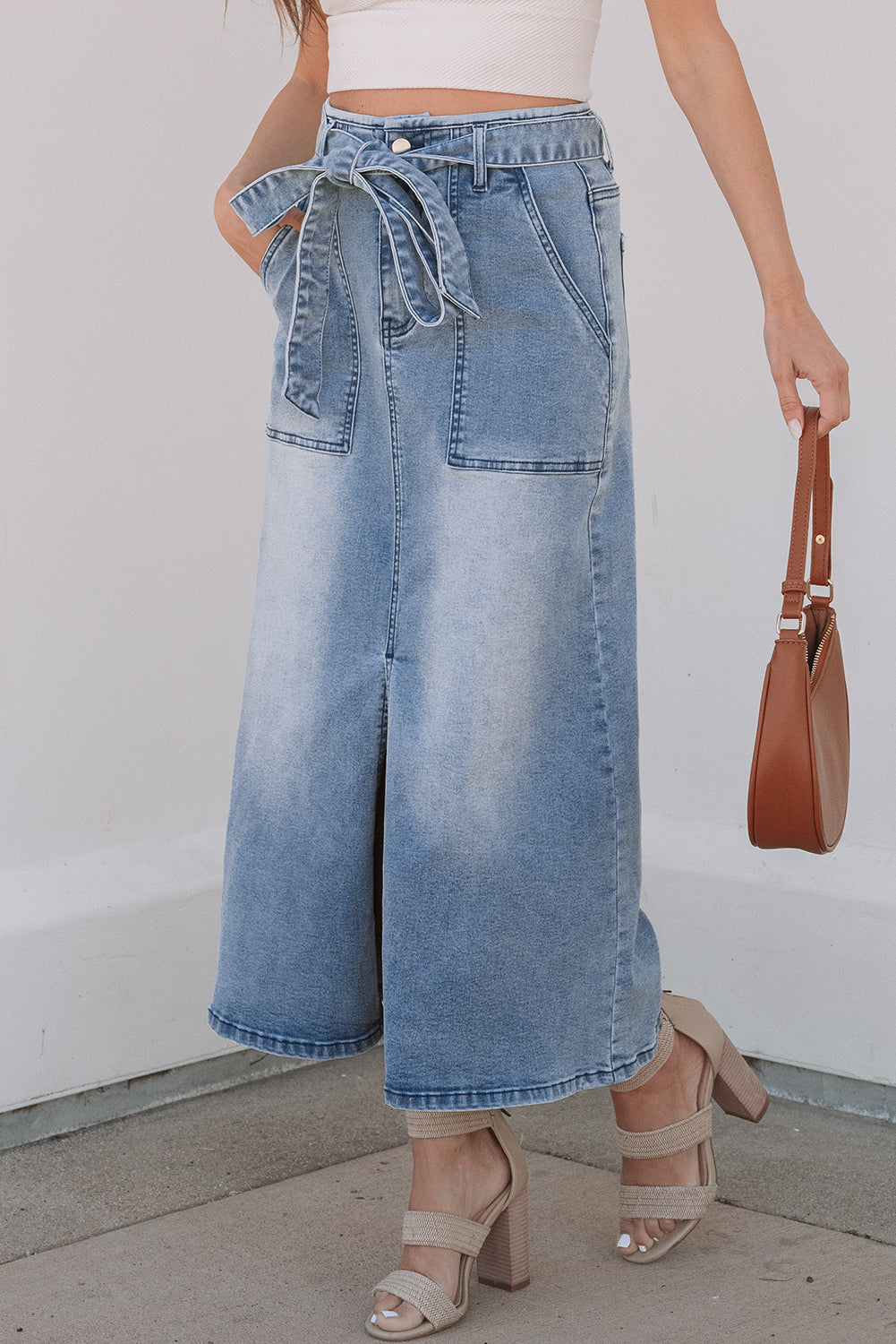 Dusk Blue Light Wash Belted High Waist Midi Denim Skirt