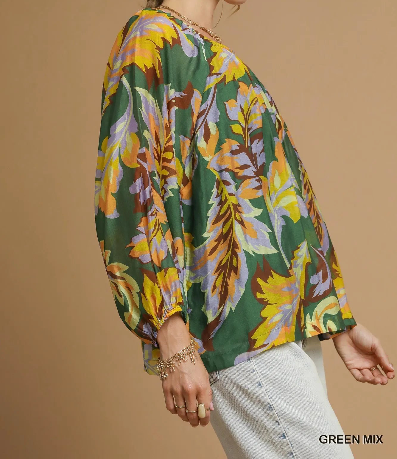 Umgee Mix Abstract Print Balloon Sleeve Blouse