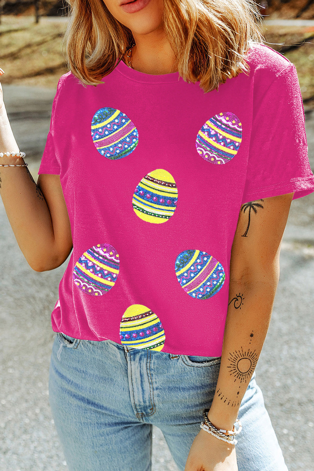 Rose Red Sequin Easter Egg Graphic Casual T Shirt