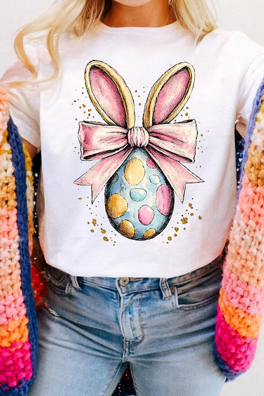 White Easter Egg Bow Bunny Ear Printed T Shirt