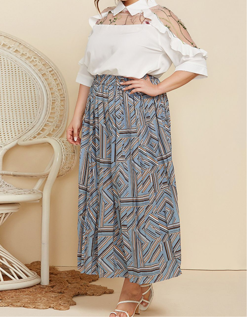 Plus Size Embroidered Ruffle Trim Collared Half Sleeve Blouse