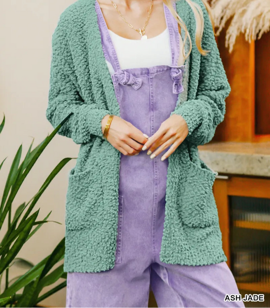 Zenana Long Sleeve Popcorn Sweater Cardigan with Pockets