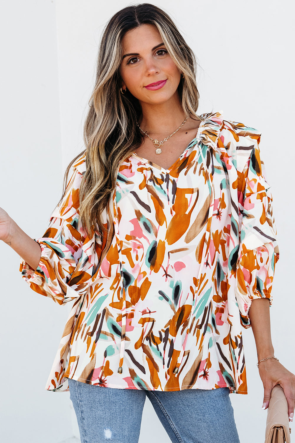 Yellow Abstract Print Drawstring Frilled V Neck 3/4 Sleeve Blouse