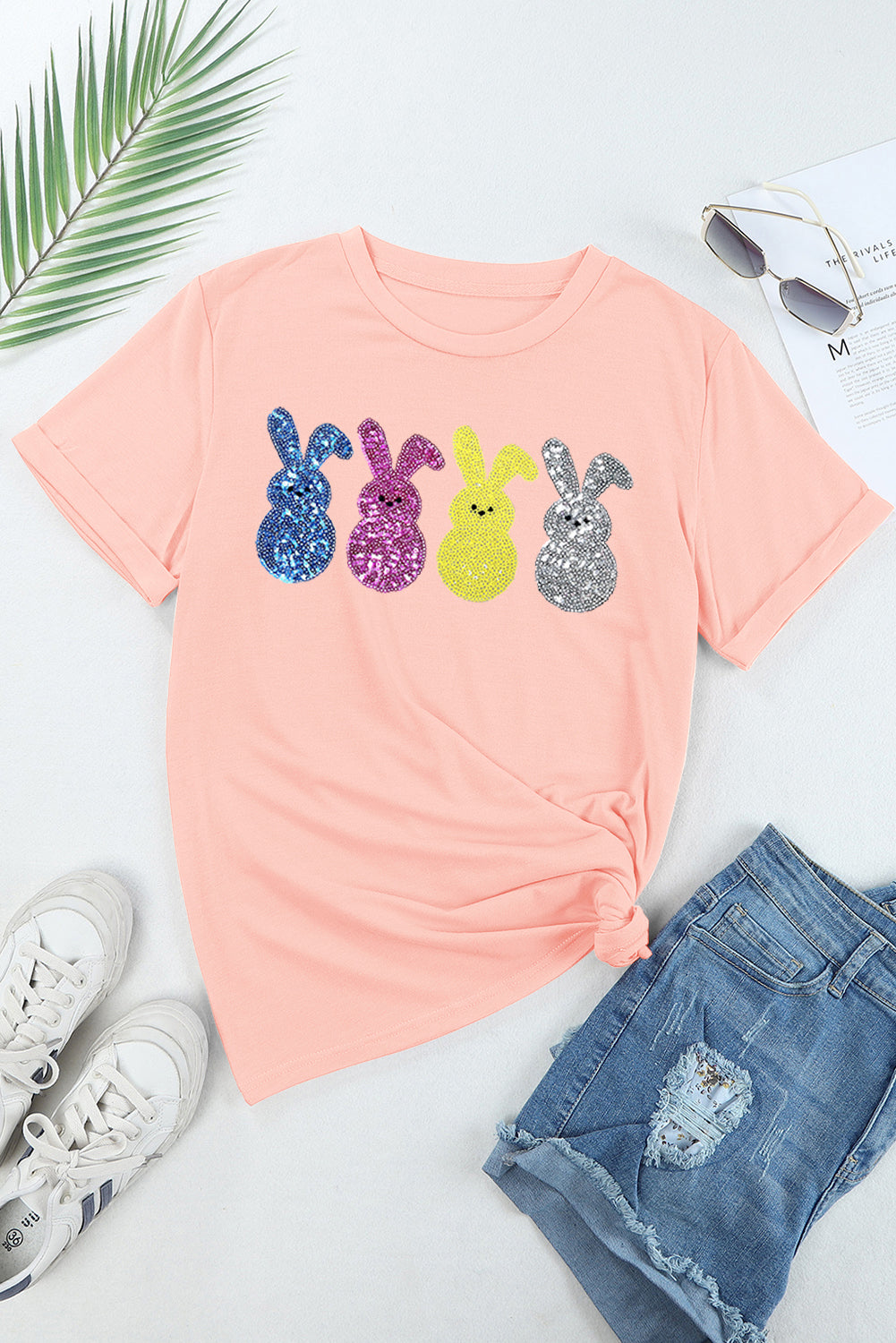 Pink Sequin Cute Bunny Graphic Easter Fashion Tee