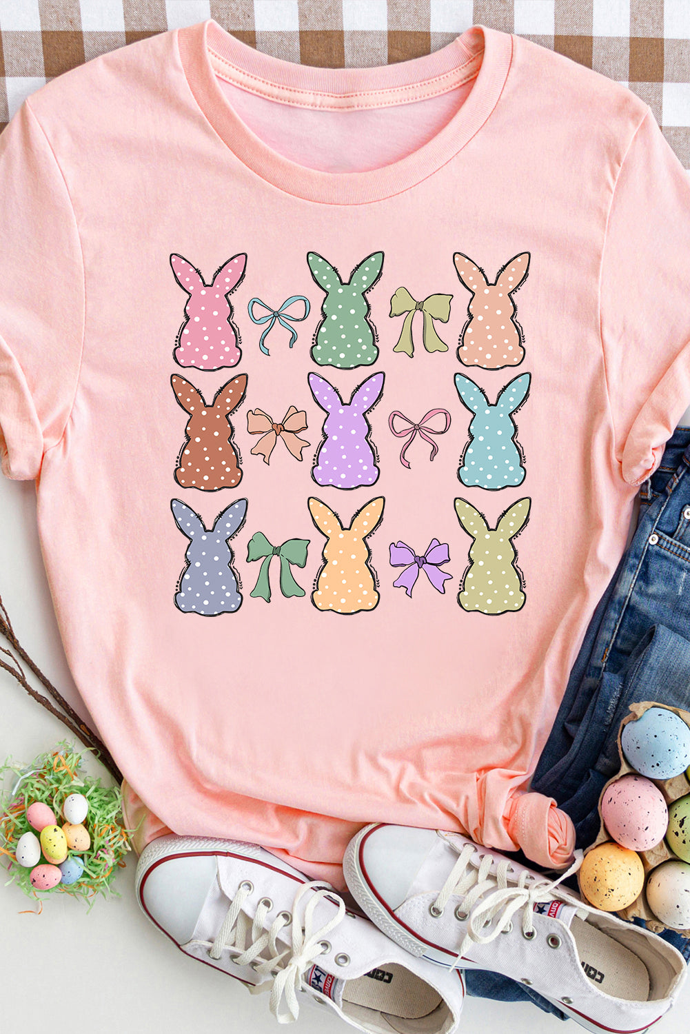 Pink Dotty Bunny Bow Printed Easter Day Fashion T Shirt