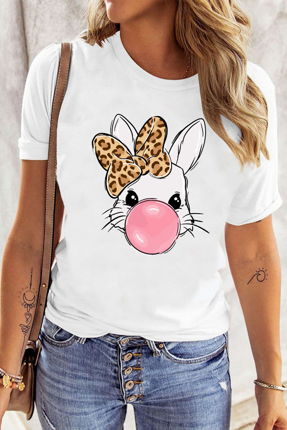 White Leopard Bow Bubble Rabbit Graphic Tee