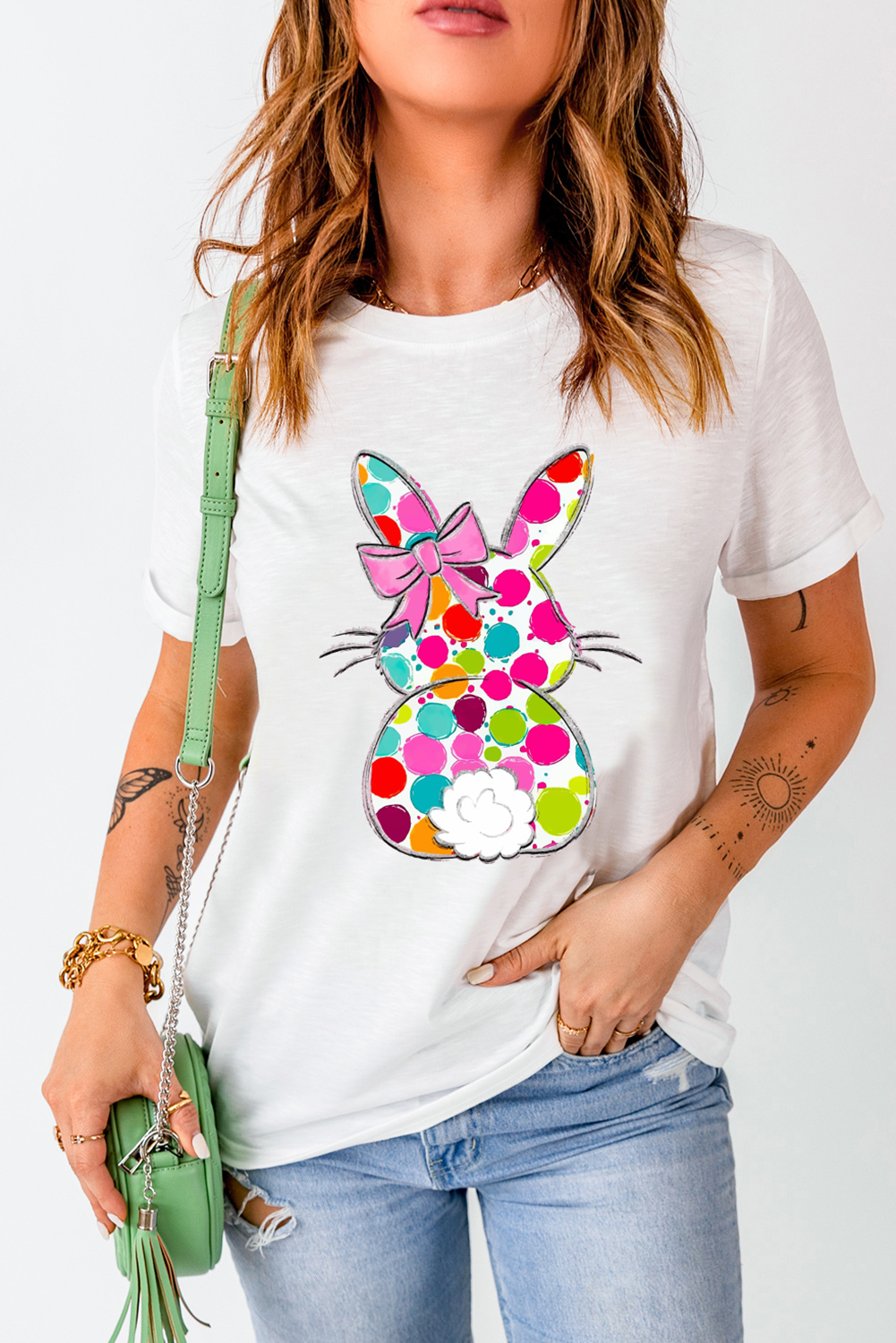 White Polka Dot Bow Rabbit Graphic Crewneck Easter Fashion Tee