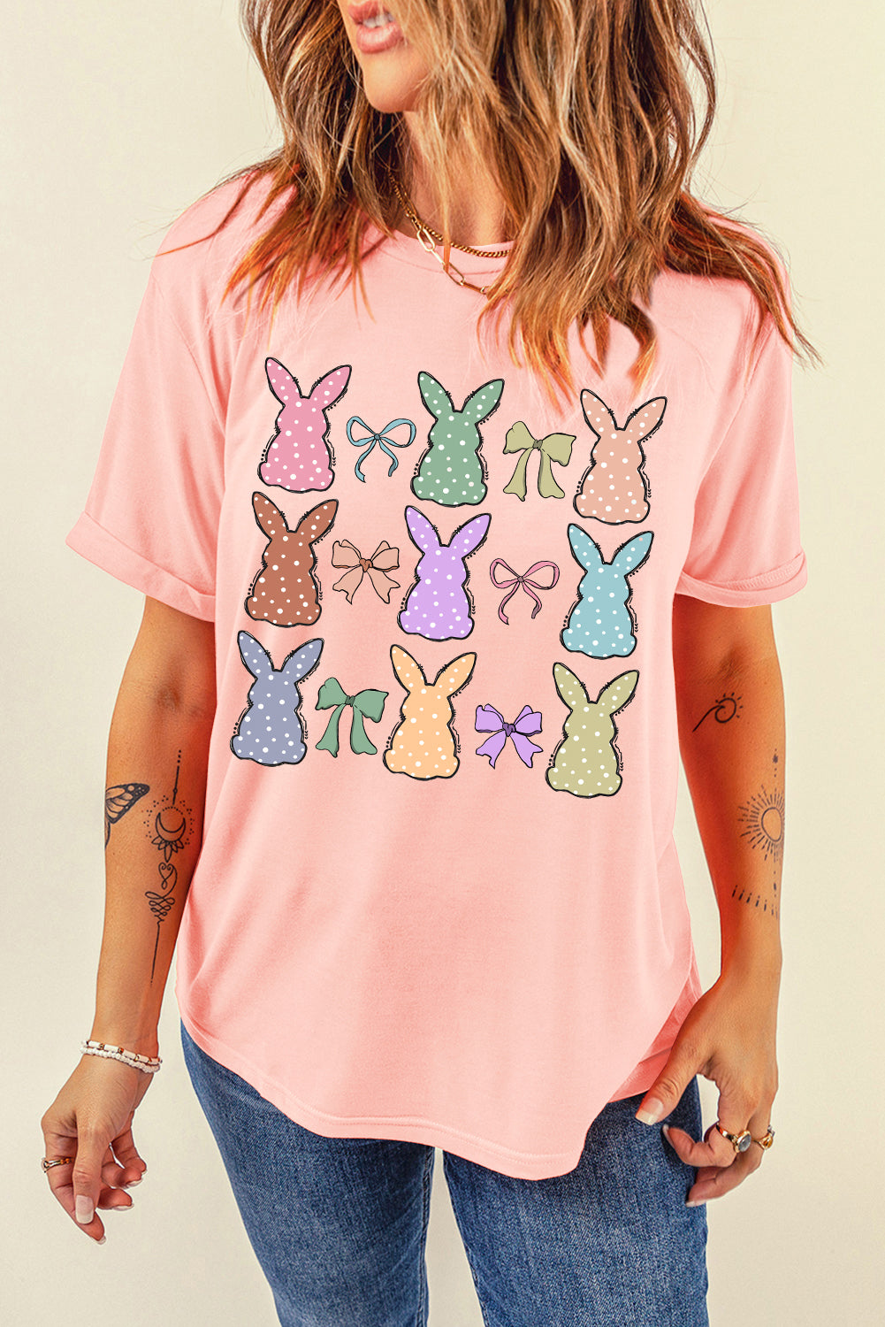 Pink Dotty Bunny Bow Printed Easter Day Fashion T Shirt